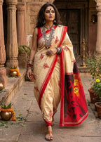 BAGRU BLOCK PRINT MULMUL COTTON MULMUL BEIGE AND RED SAREE WITH BLOUSE