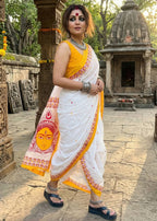 BAGRU BLOCK PRINT MULMUL COTTON MULMUL YELLOW AND WHITE SAREE WITH BLOUSE