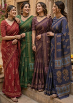 PURE MULMUL HAND BLOCK PRINT COTTON PURPLE SAREE WITH BLOUSE