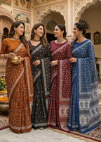 PURE MULMUL COTTON BOOTI MOTIFS PRINTD MAROON SAREE WITH BLOUSE