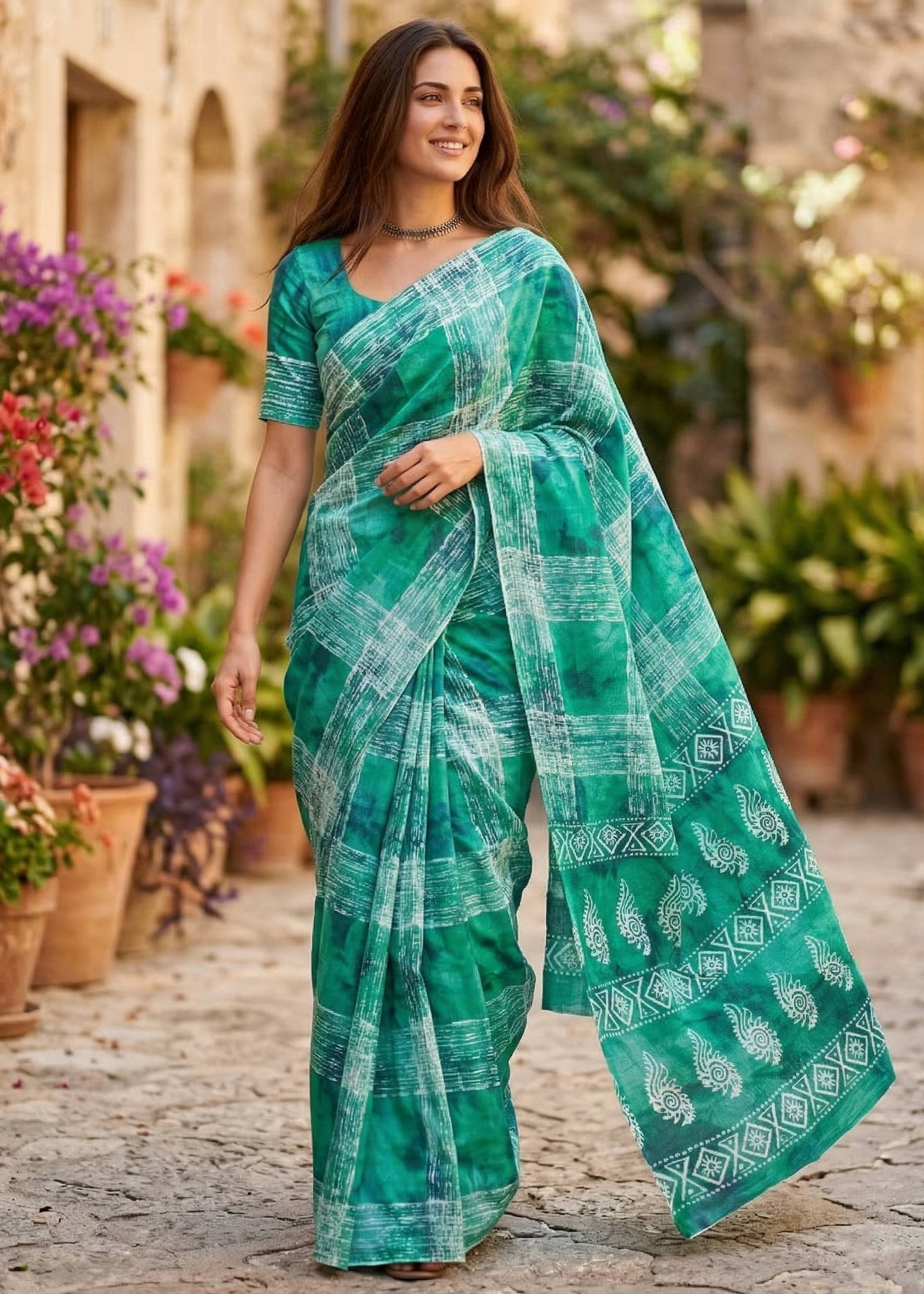 PURE MULMUL COTTON HAND BLOCK PRINT GREEN SAREE WITH BLOUSE