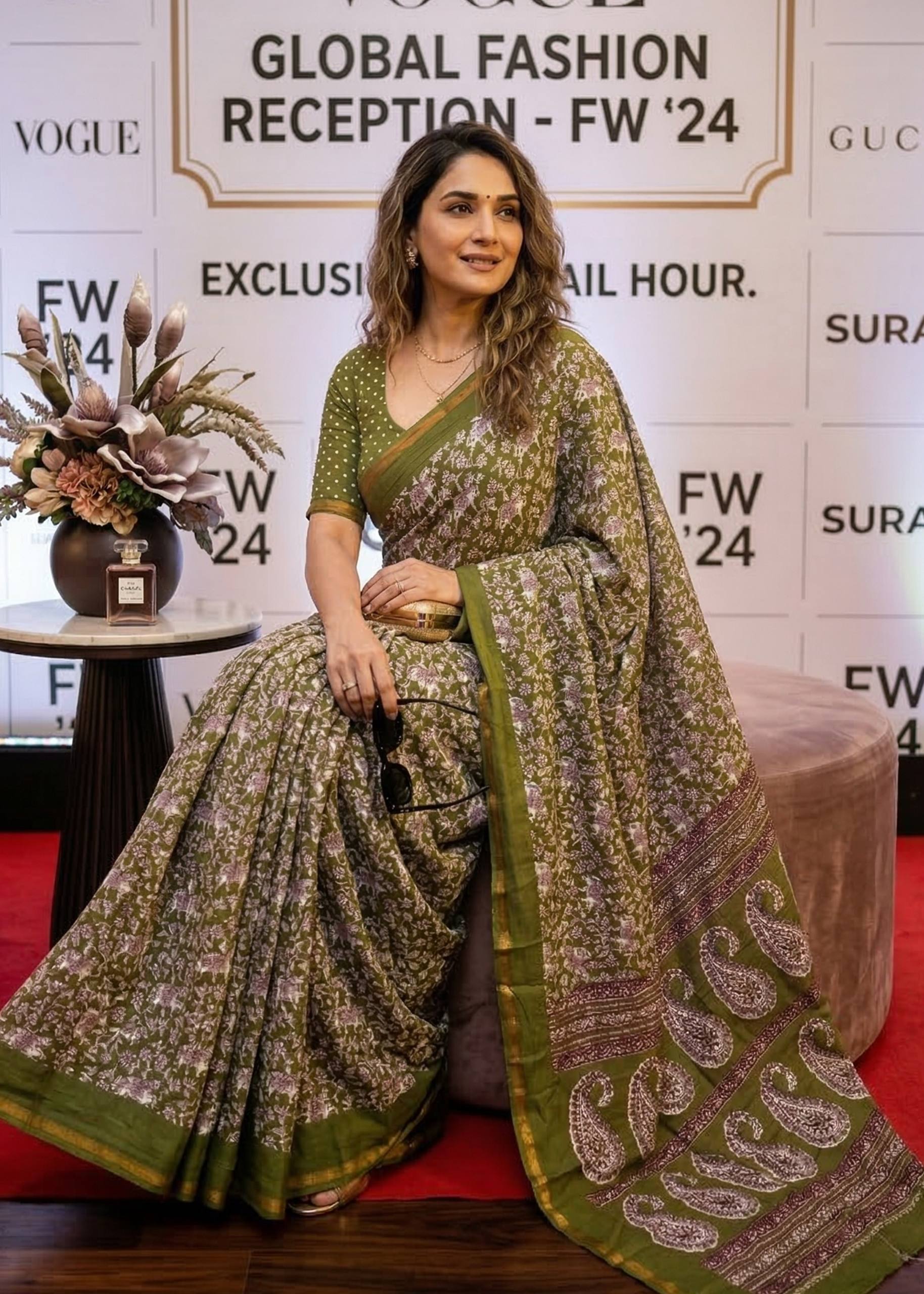 BAGRU BLOCK PRINT SOFT MASLIN COTTON ZARI BORDER GREEN SAREE WITH BLOUSE