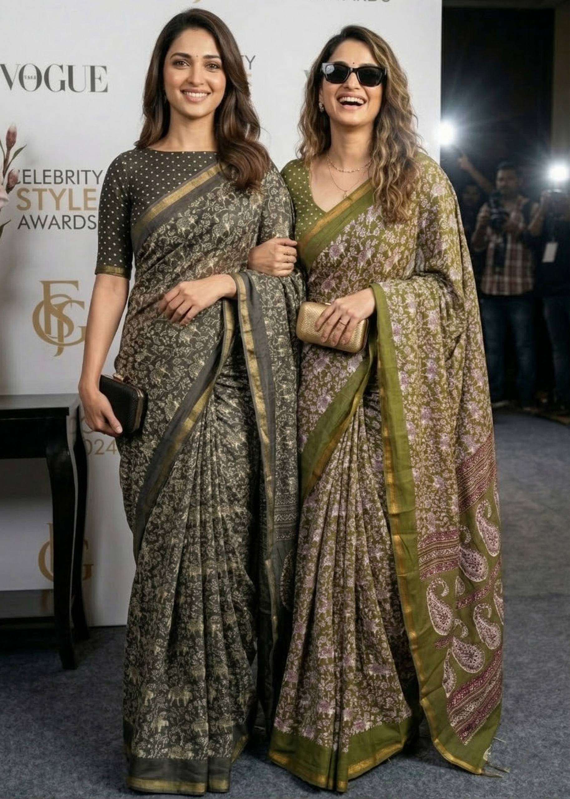 BAGRU BLOCK PRINT SOFT MASLIN COTTON ZARI BORDER GREEN SAREE WITH BLOUSE
