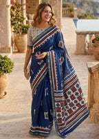 BAGRU BLOCK PRINT SOFT MASLIN COTTON ZARI BORDER BLUE SAREE WITH BLOUSE
