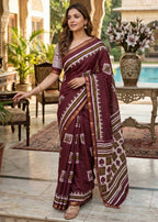 BAGRU BLOCK PRINT SOFT MASLIN COTTON ZARI BORDER MAROON SAREE WITH BLOUSE