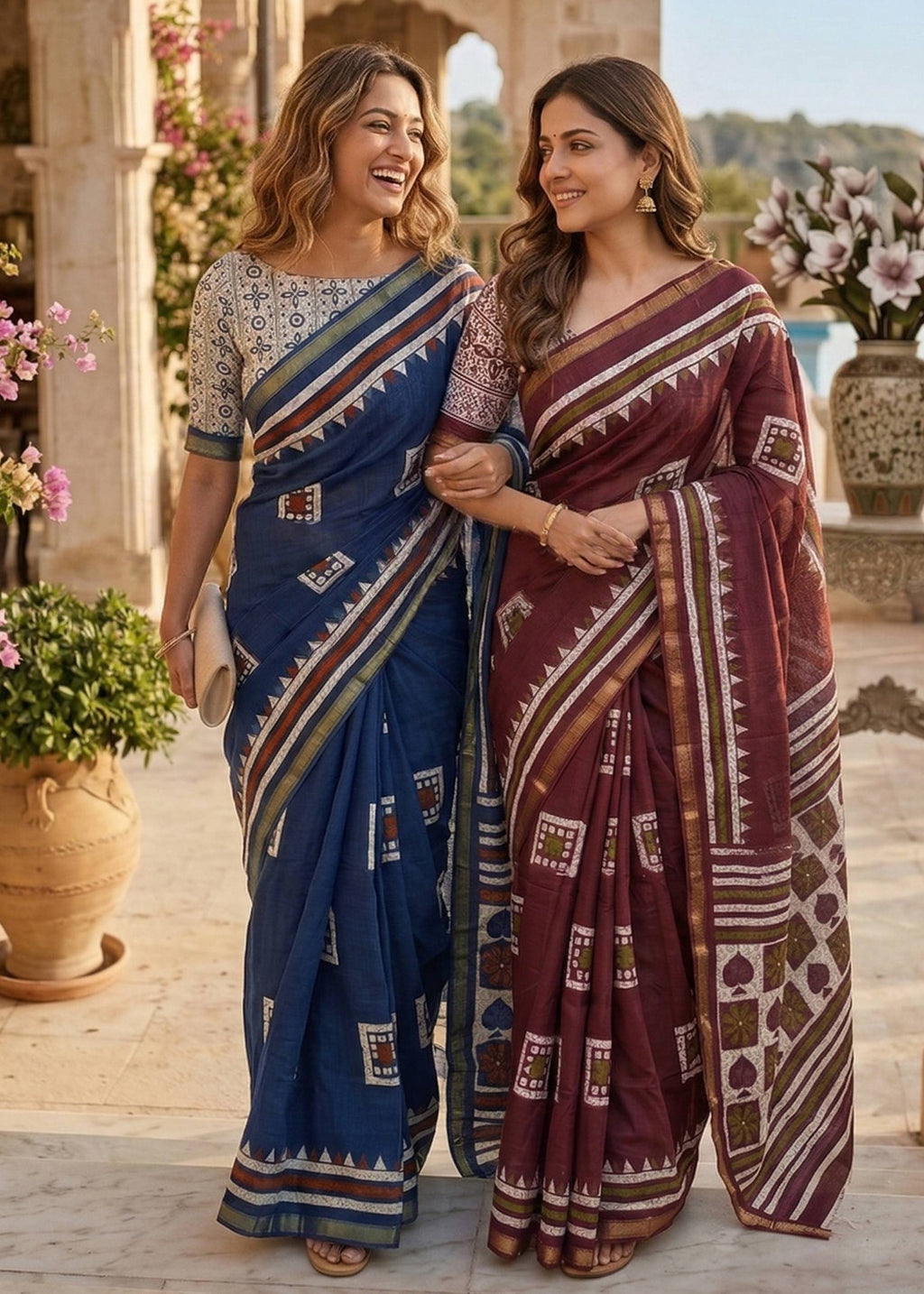 BAGRU BLOCK PRINT SOFT MASLIN COTTON ZARI BORDER MAROON SAREE WITH BLOUSE
