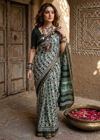 BAGRU BLOCK PRINT SOFT MASLIN COTTON ZARI BORDER GREEN SAREE WITH BLOUSE
