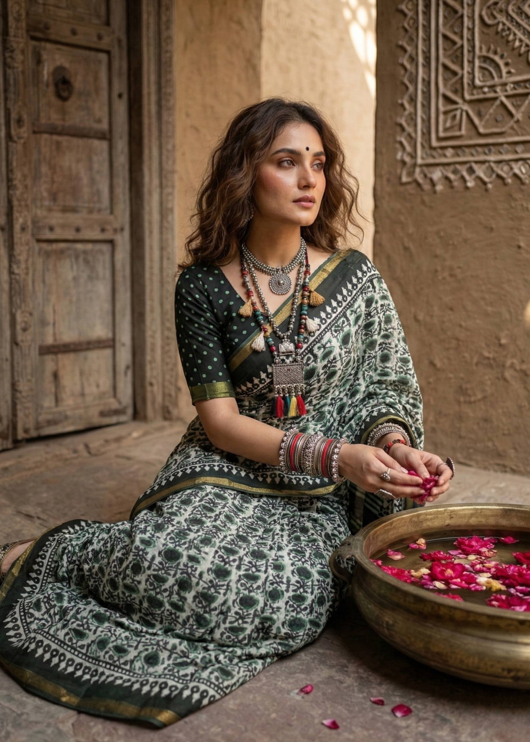 BAGRU BLOCK PRINT SOFT MASLIN COTTON ZARI BORDER GREEN SAREE WITH BLOUSE
