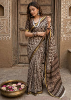 BAGRU BLOCK PRINT SOFT MASLIN COTTON ZARI BORDER BROWN SAREE WITH BLOUSE