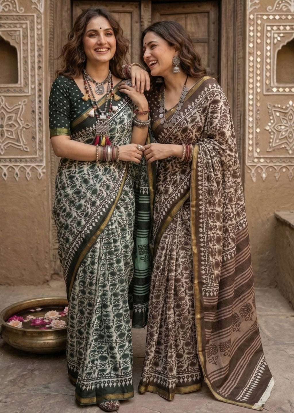 BAGRU BLOCK PRINT SOFT MASLIN COTTON ZARI BORDER GREEN SAREE WITH BLOUSE