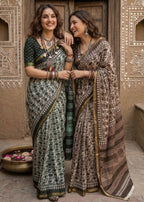 BAGRU BLOCK PRINT SOFT MASLIN COTTON ZARI BORDER GREEN SAREE WITH BLOUSE