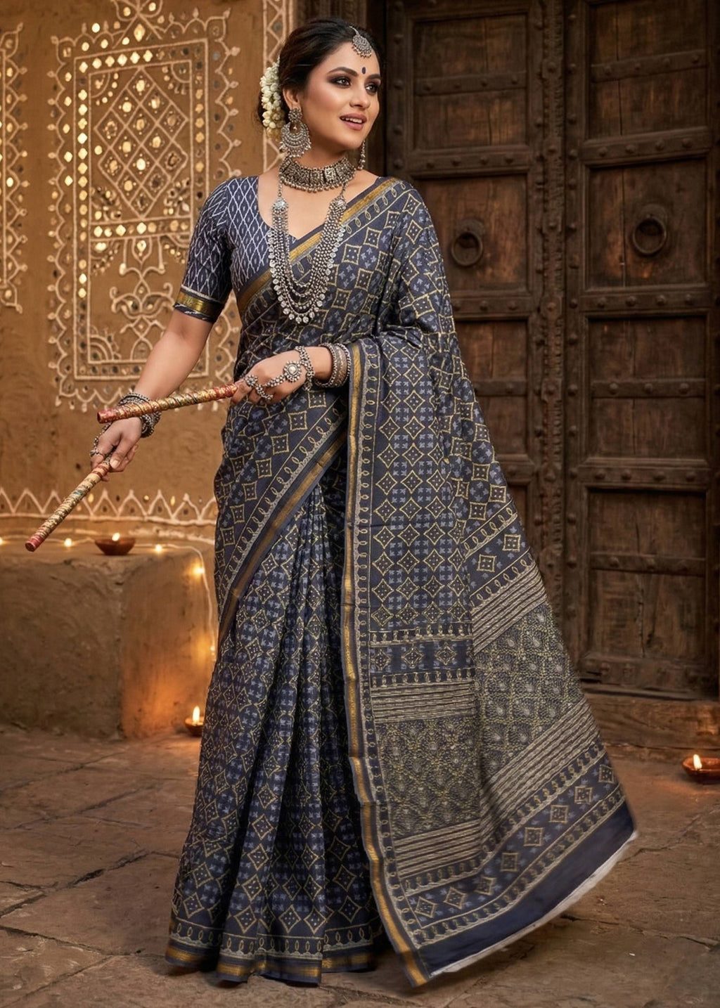 BAGRU BLOCK PRINT SOFT MASLIN COTTON ZARI BORDER NEVY BLUE SAREE WITH BLOUSE
