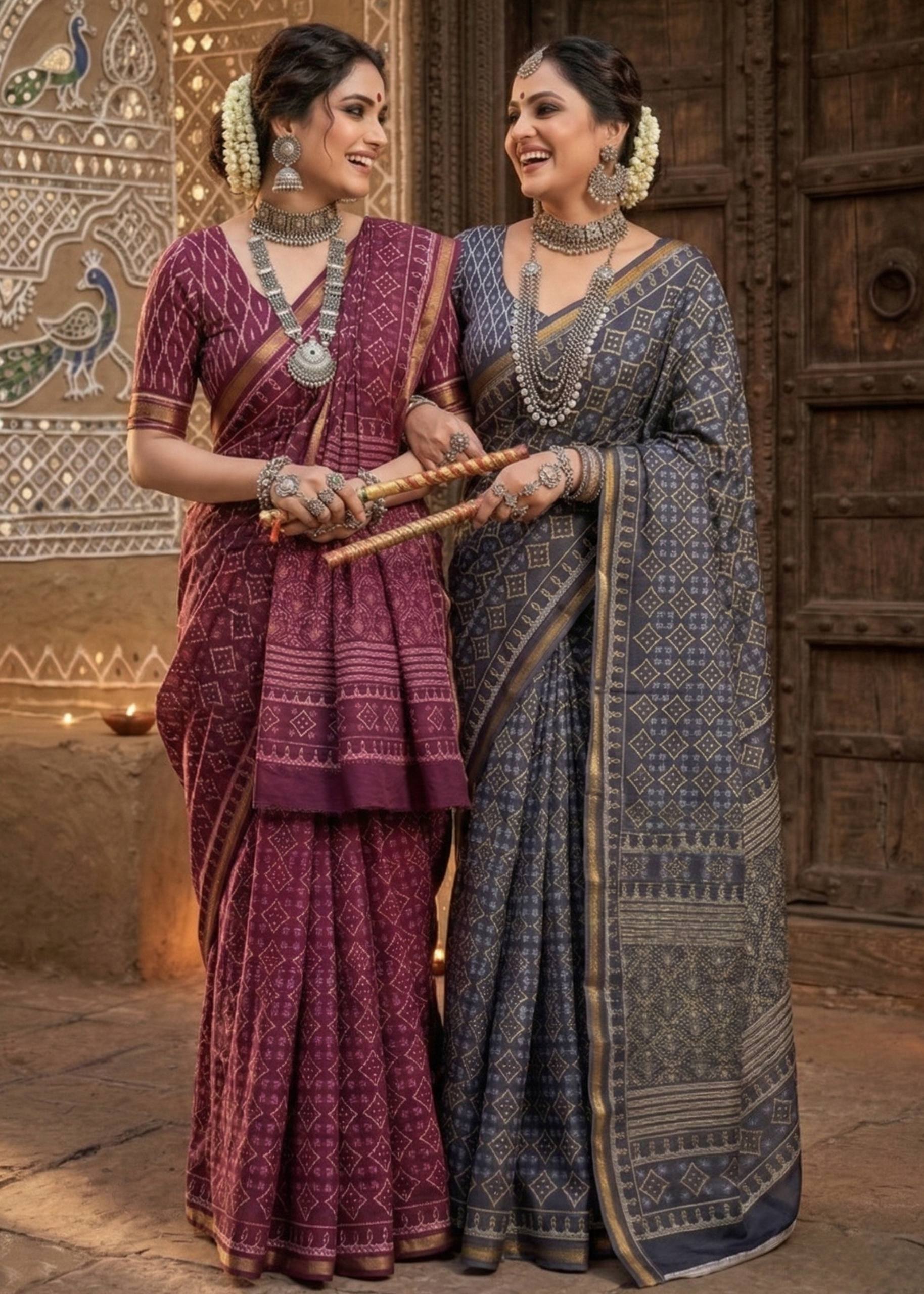 BAGRU BLOCK PRINT SOFT MASLIN COTTON ZARI BORDER NEVY BLUE SAREE WITH BLOUSE