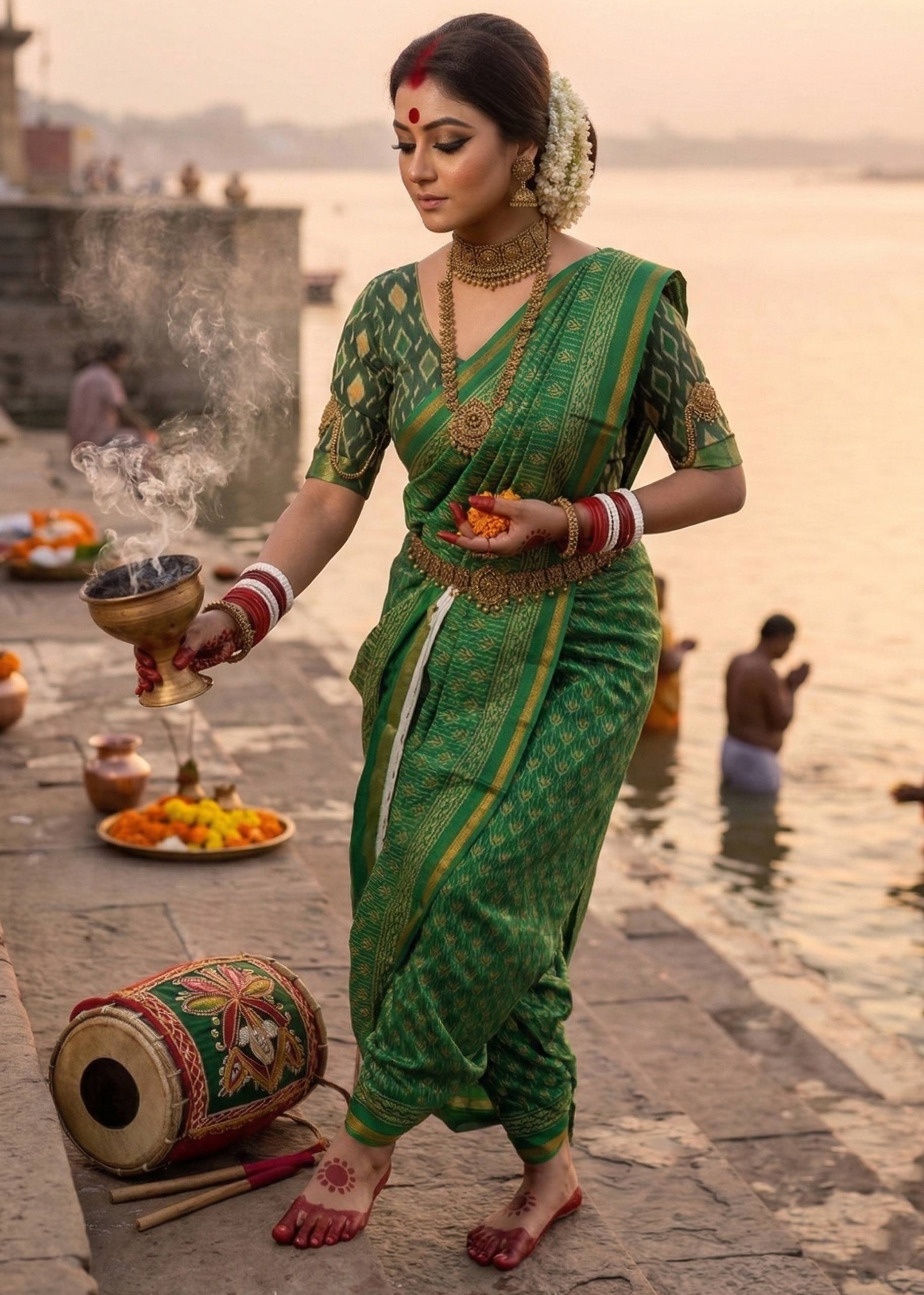 BAGRU BLOCK PRINT SOFT MASLIN COTTON ZARI BORDER GREEN SAREE WITH BLOUSE