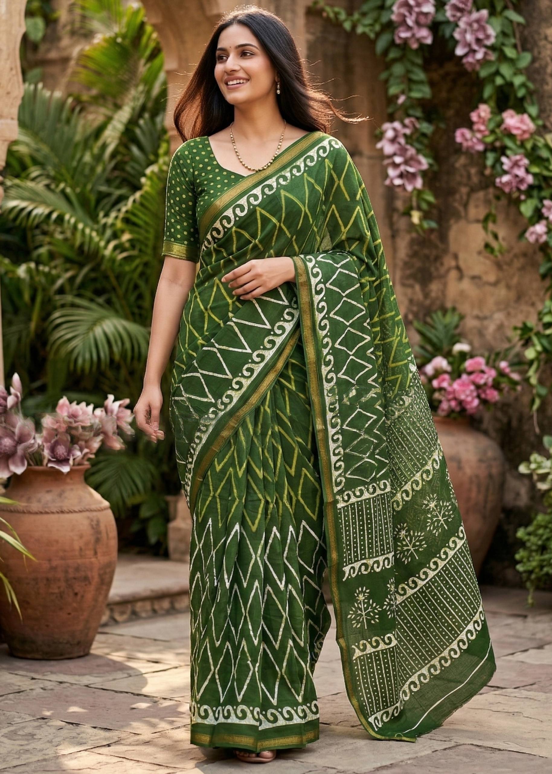 BAGRU BLOCK PRINT SOFT MASLIN COTTON ZARI BORDER GREEN SAREE WITH BLOUSE