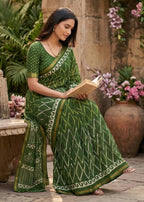 BAGRU BLOCK PRINT SOFT MASLIN COTTON ZARI BORDER GREEN SAREE WITH BLOUSE