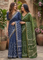 BAGRU BLOCK PRINT SOFT MASLIN COTTON ZARI BORDER GREEN SAREE WITH BLOUSE