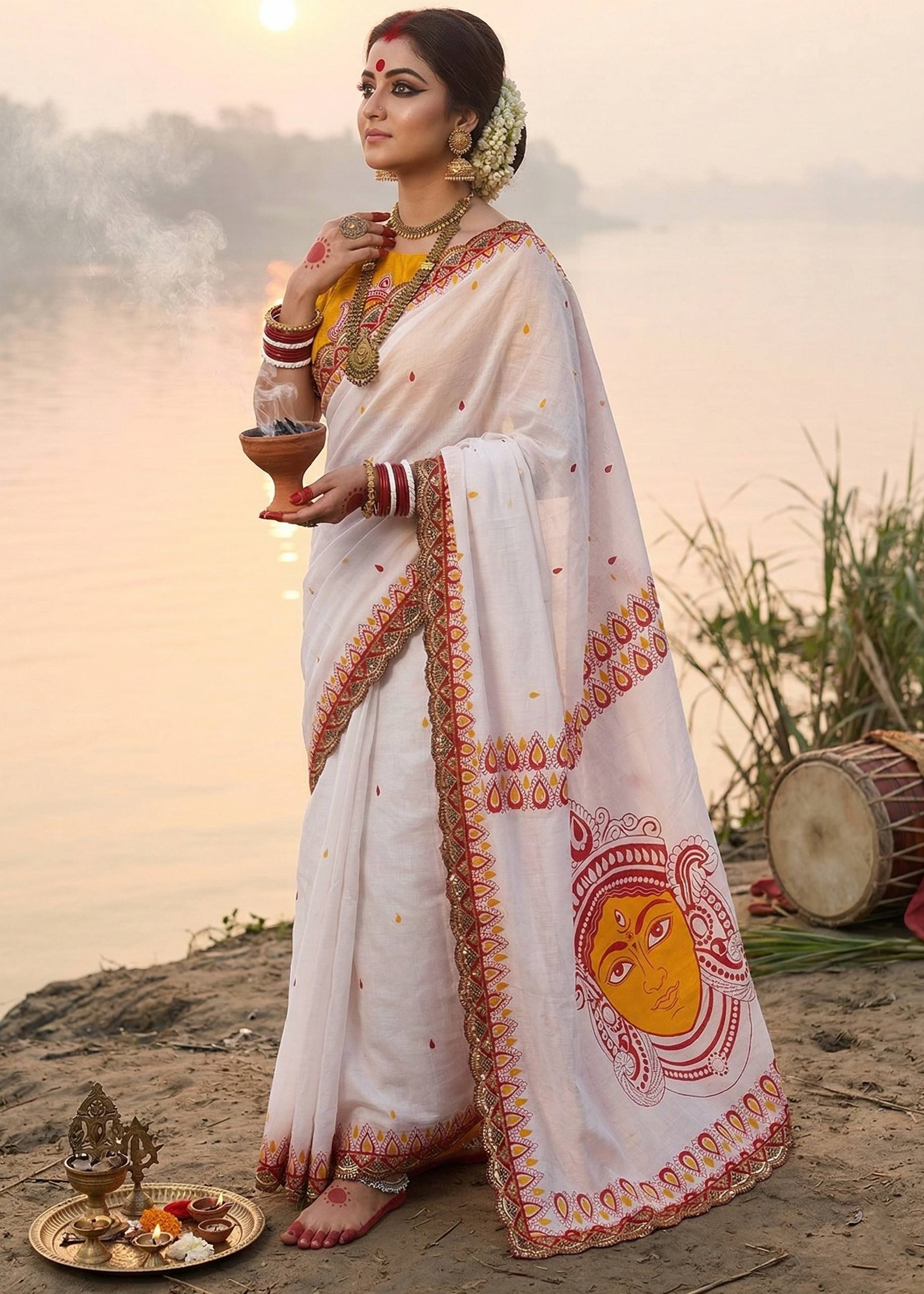 MULMUL COTTON HAND BLOCK PRINTE WITH HEVY EMBROIDERY LACE WHITE AND YELLOW SAREE WITH BLOUSE