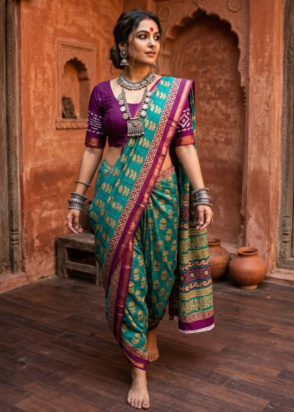 BAGRU BLOCK PRINT SOFT MASLIN COTTON ZARI BORDER GREEN SAREE WITH BLOUSE