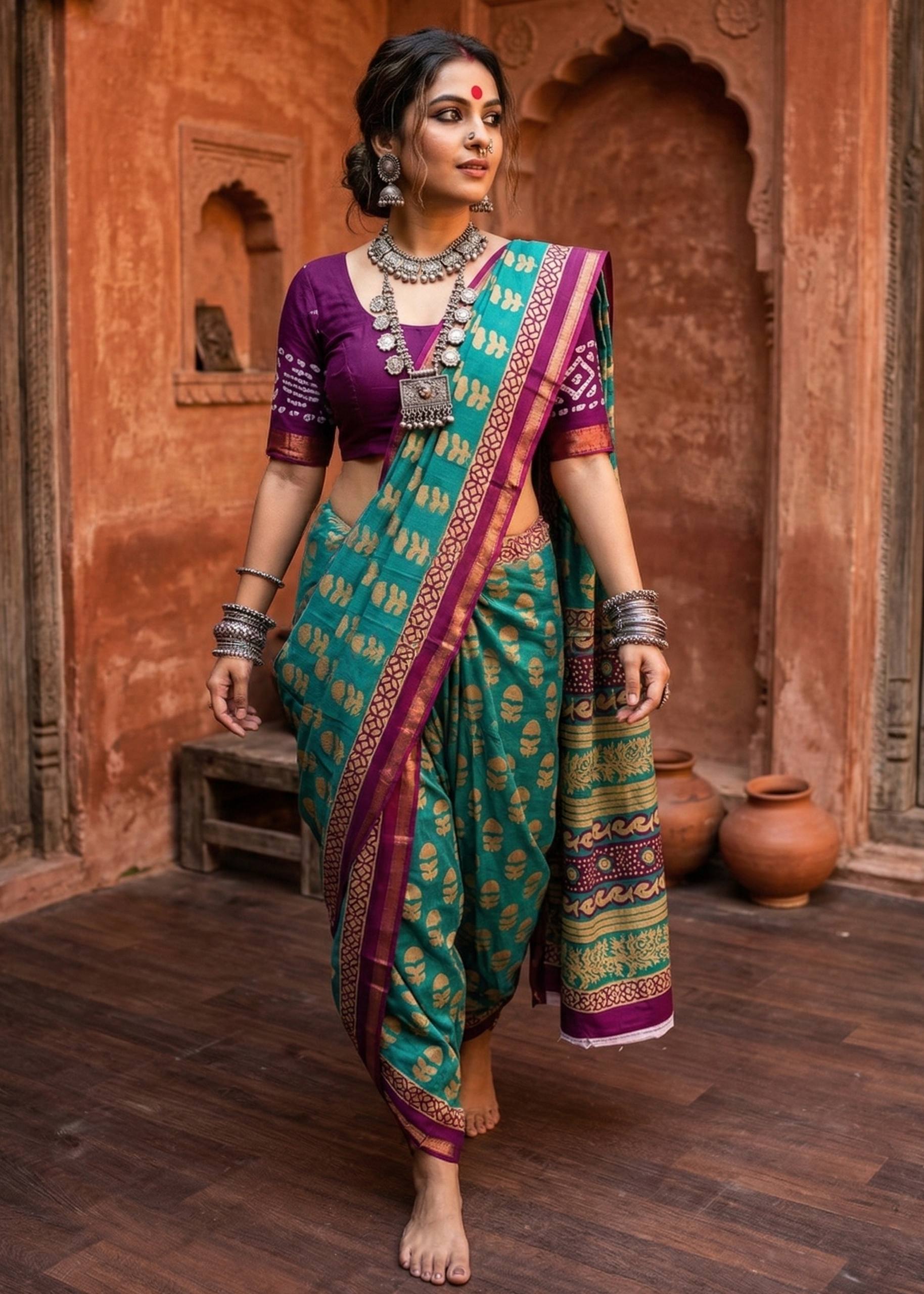 BAGRU BLOCK PRINT SOFT MASLIN COTTON ZARI BORDER GREEN SAREE WITH BLOUSE