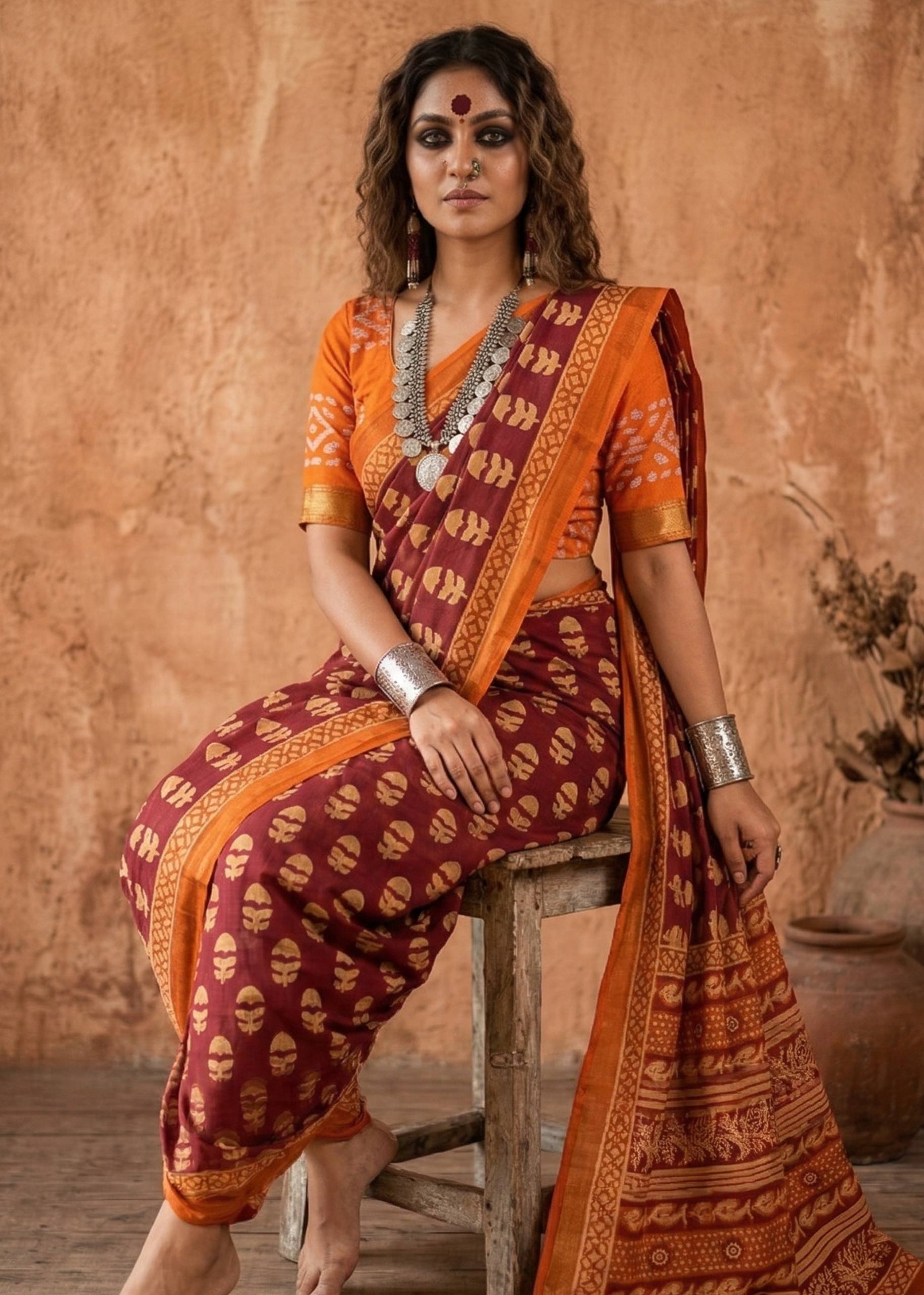 BAGRU BLOCK PRINT SOFT MASLIN COTTON ZARI BORDER MAROON SAREE WITH BLOUSE