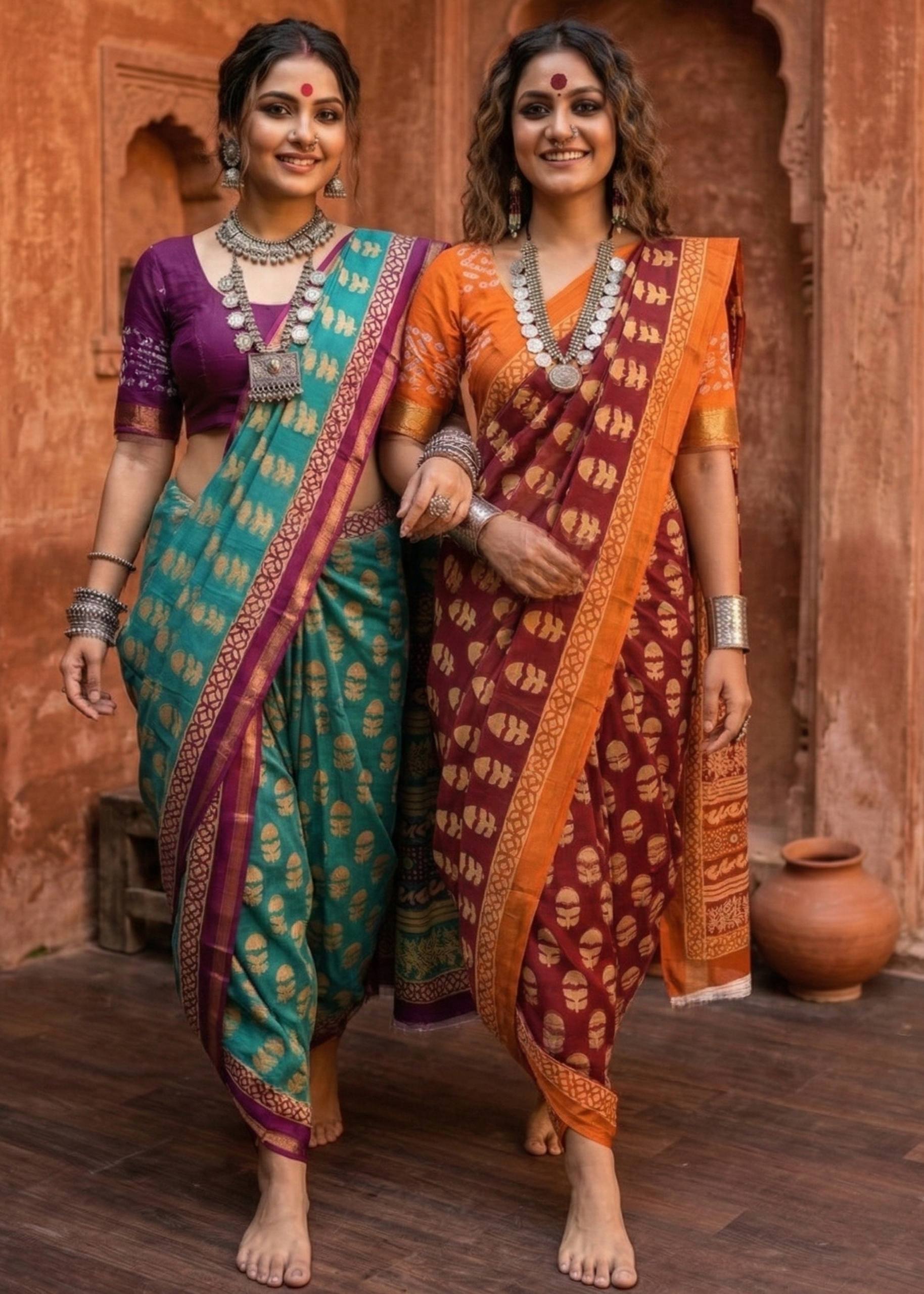 BAGRU BLOCK PRINT SOFT MASLIN COTTON ZARI BORDER MAROON SAREE WITH BLOUSE