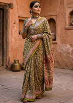 BAGRU BLOCK PRINT SOFT MASLIN COTTON ZARI BORDER BLACK SAREE WITH BLOUSE