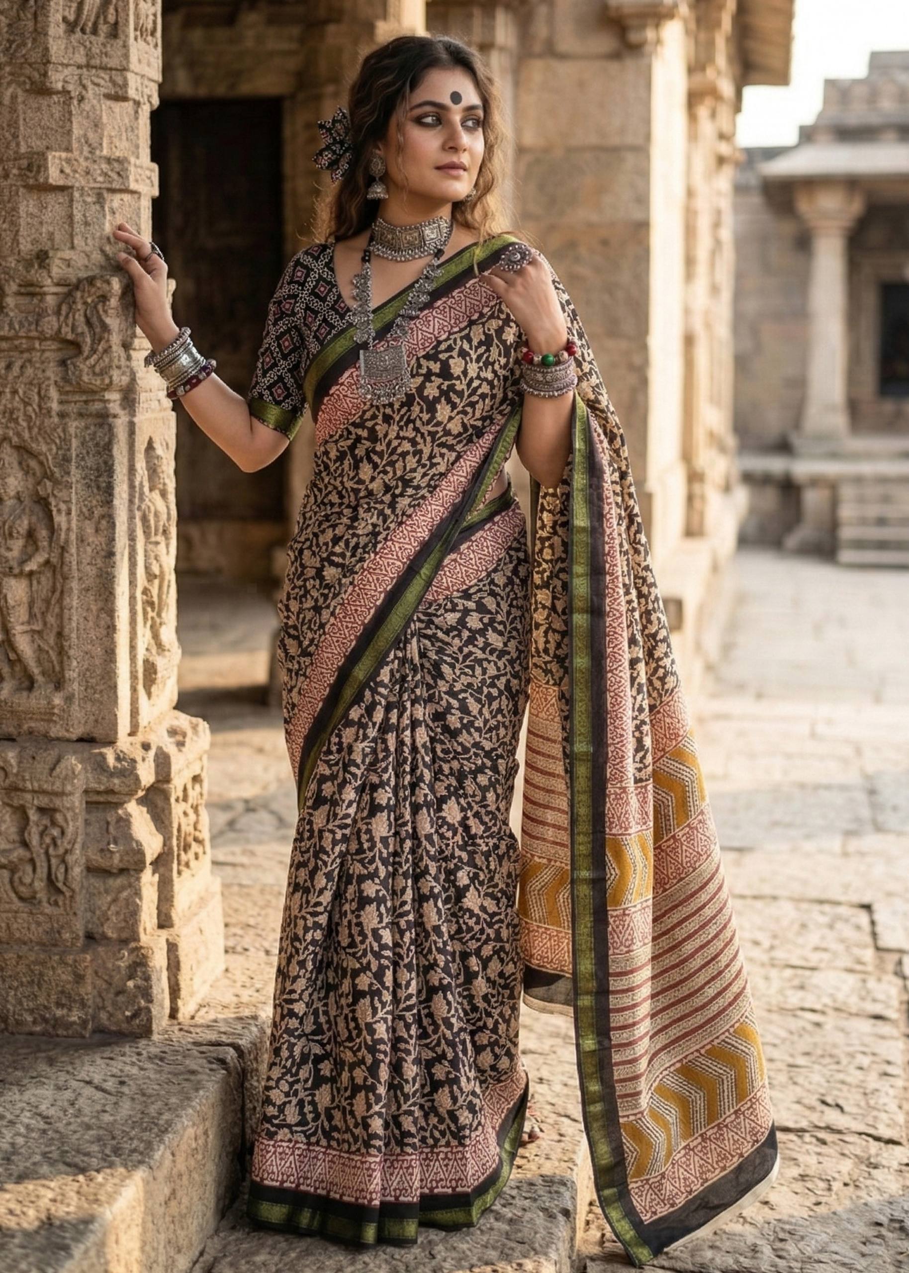 BAGRU BLOCK PRINT SOFT MASLIN COTTON ZARI BORDER MEHANDI GREEN SAREE WITH BLOUSE