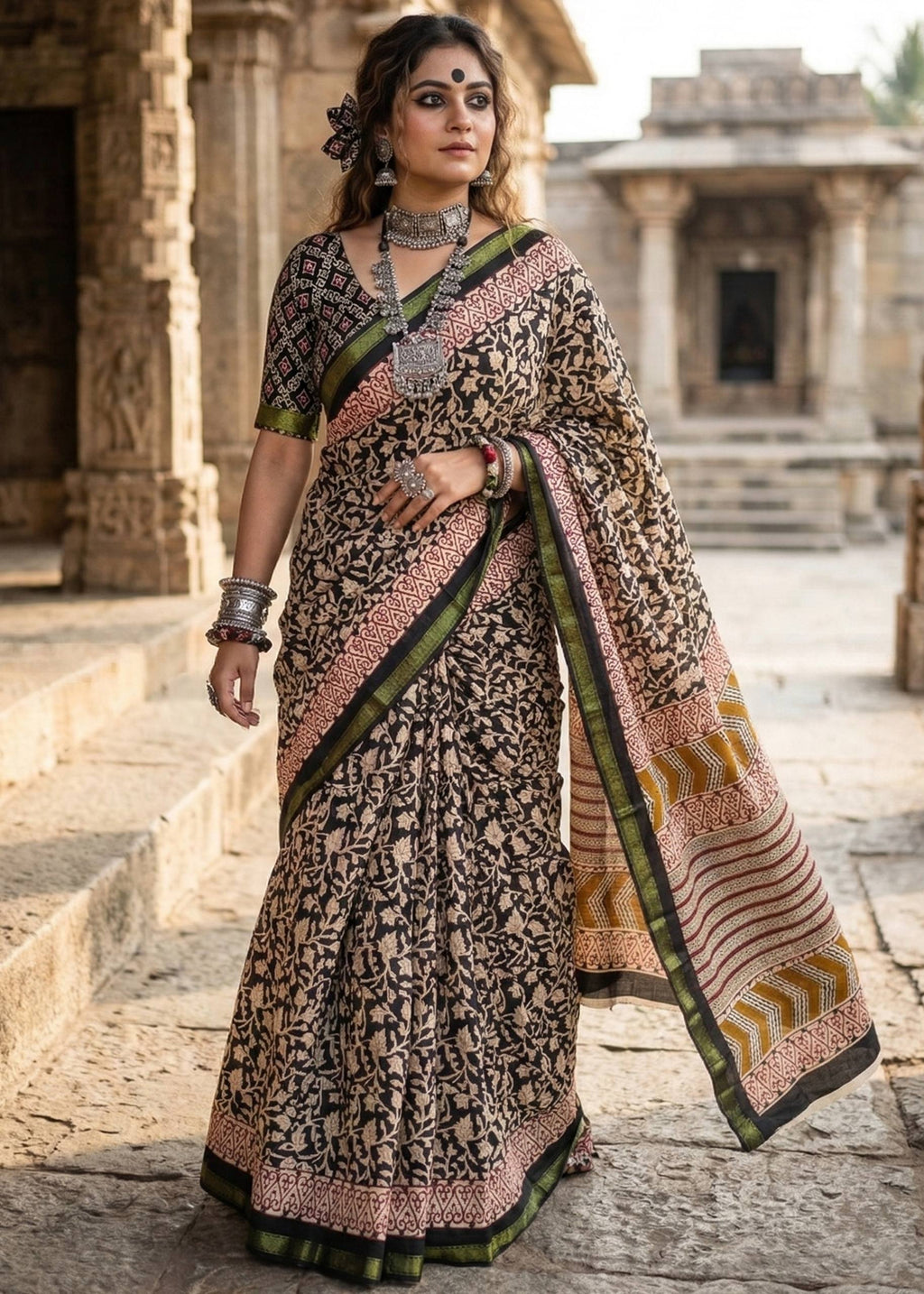 BAGRU BLOCK PRINT SOFT MASLIN COTTON ZARI BORDER MEHANDI GREEN SAREE WITH BLOUSE