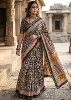 BAGRU BLOCK PRINT SOFT MASLIN COTTON ZARI BORDER MEHANDI GREEN SAREE WITH BLOUSE