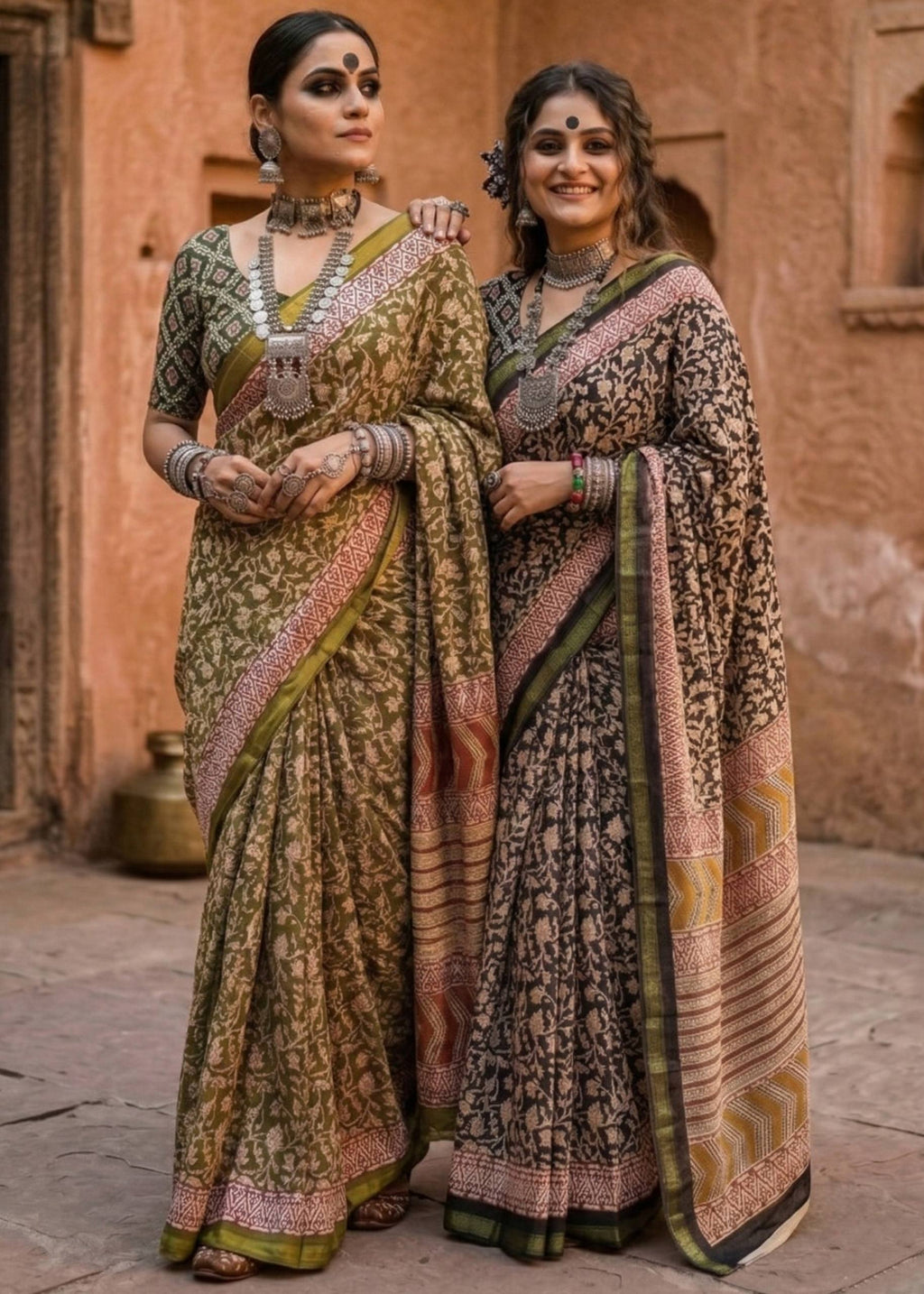 BAGRU BLOCK PRINT SOFT MASLIN COTTON ZARI BORDER MEHANDI GREEN SAREE WITH BLOUSE
