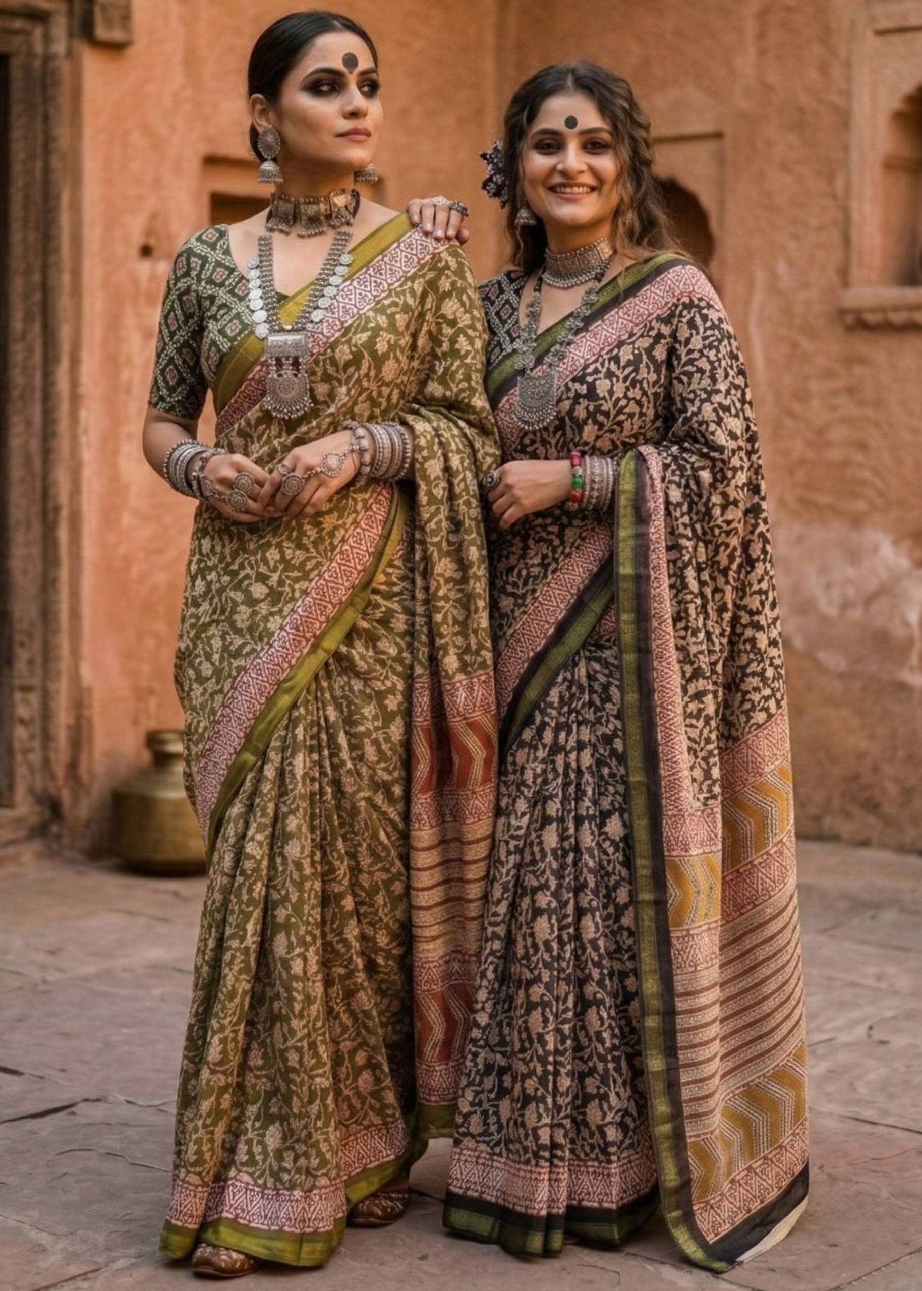 BAGRU BLOCK PRINT SOFT MASLIN COTTON ZARI BORDER MEHANDI GREEN SAREE WITH BLOUSE