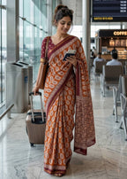 BAGRU BLOCK PRINT SOFT MASLIN COTTON ZARI BORDER ORANGE SAREE WITH BLOUSE