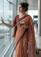 BAGRU BLOCK PRINT SOFT MASLIN COTTON ZARI BORDER ORANGE SAREE WITH BLOUSE