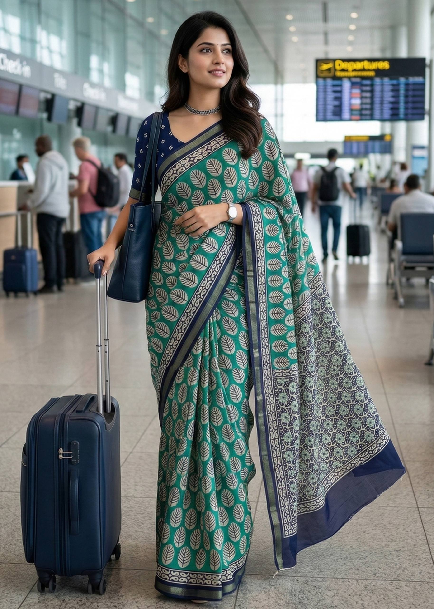 BAGRU BLOCK PRINT SOFT MASLIN COTTON ZARI BORDER GREEN SAREE WITH BLOUSE