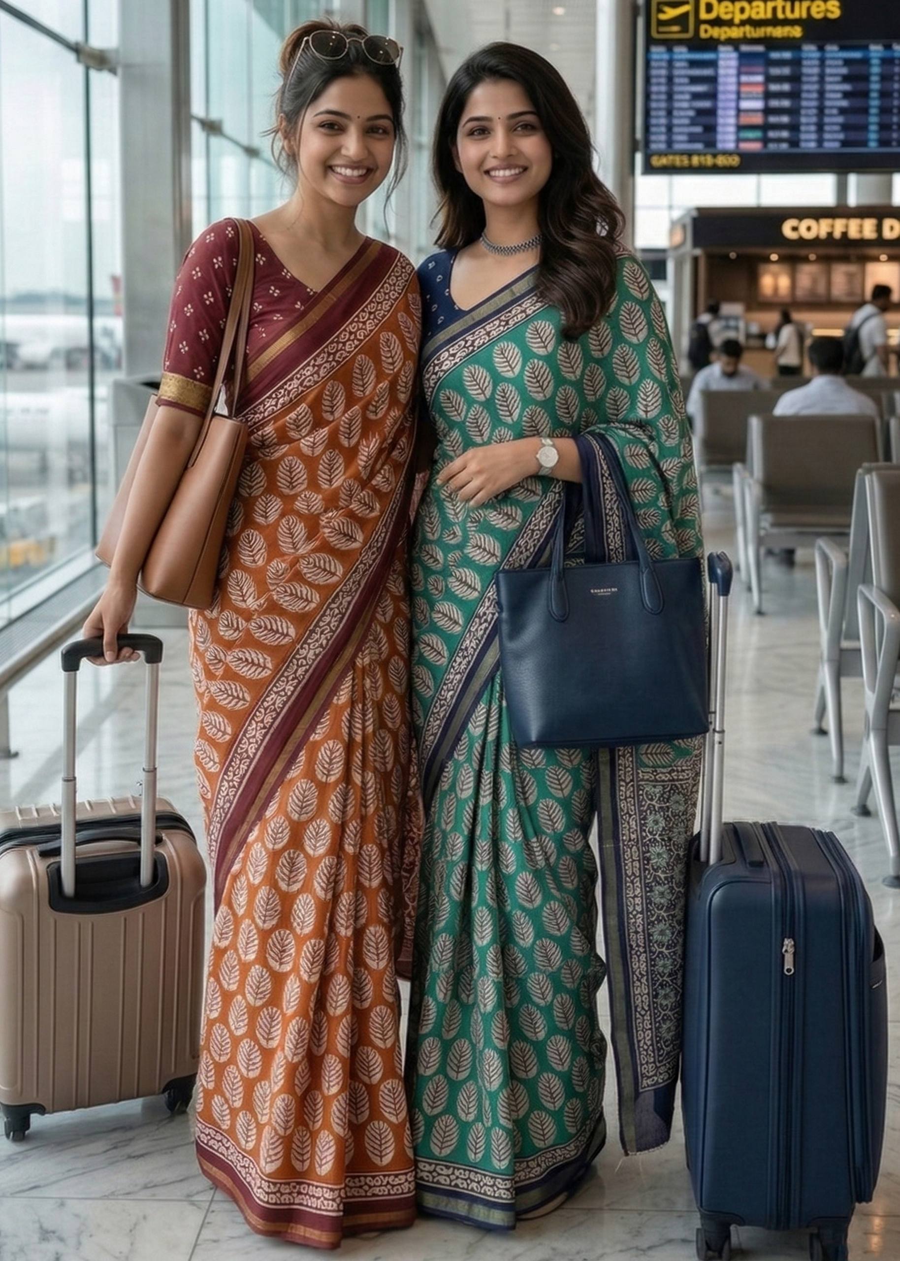 BAGRU BLOCK PRINT SOFT MASLIN COTTON ZARI BORDER ORANGE SAREE WITH BLOUSE