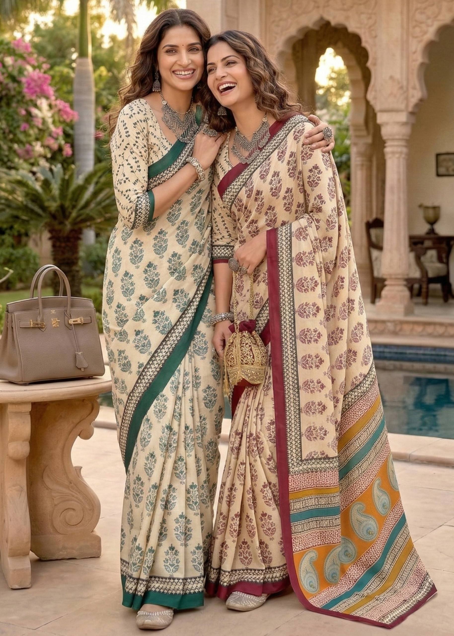 PURE MULMUL COTTON HAND BLOCK PRINT GREEN SAREE WITH BLOUSE