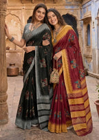 KALMKARI SOFT MULMUL COTTON HAND BLOCK PRINT BALCK SAREE WITH BLOUSE