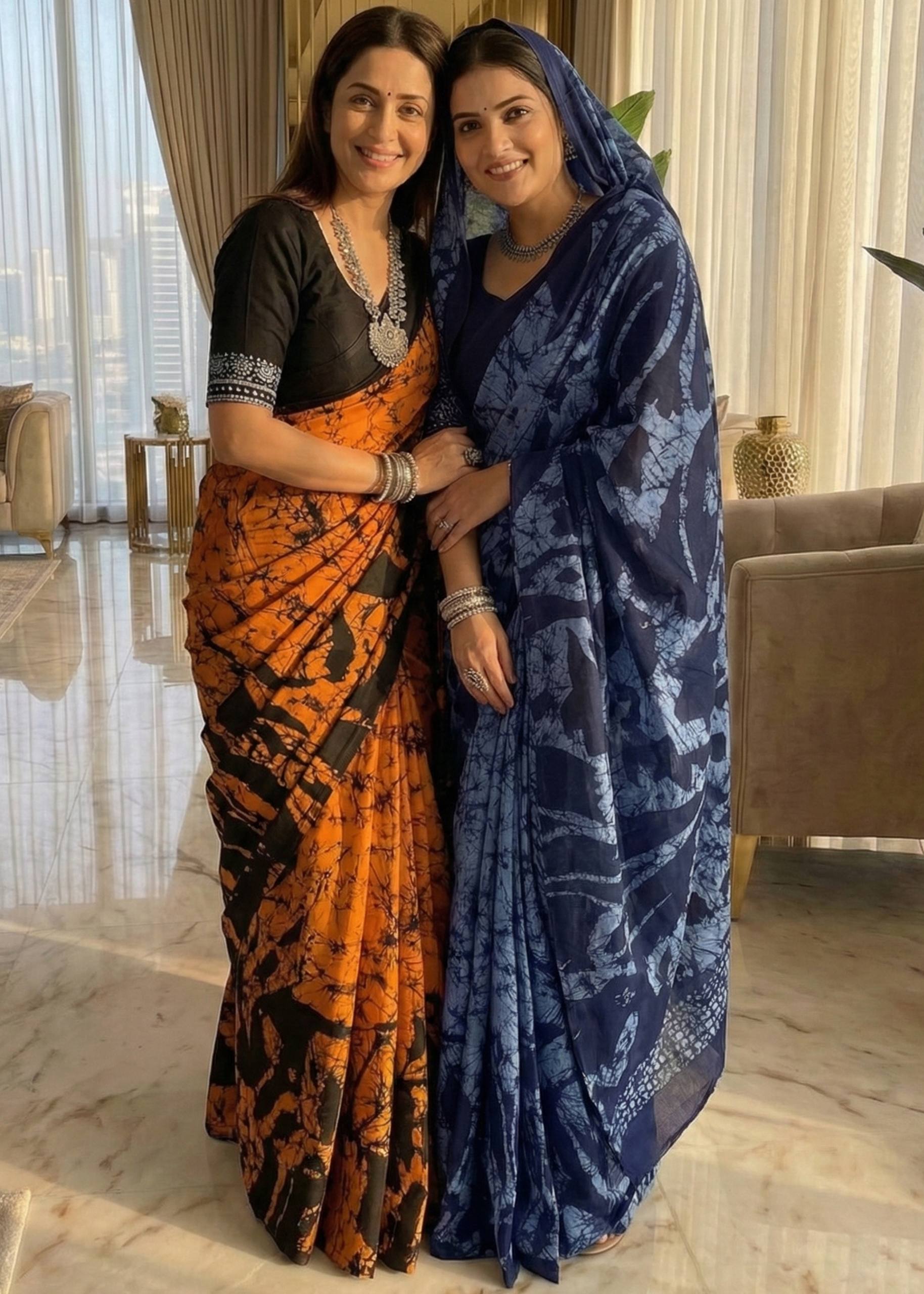 PURE MULMUL COTTON HAND BLOCK PRINT BLUE SAREE WITH BLOUSE