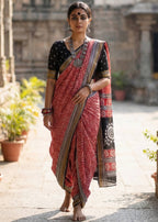 BAGRU BANDHANI MULMUL COTTON HEVY ZARI BORDAR PRINTED RED SAREE WITH BLOUSE