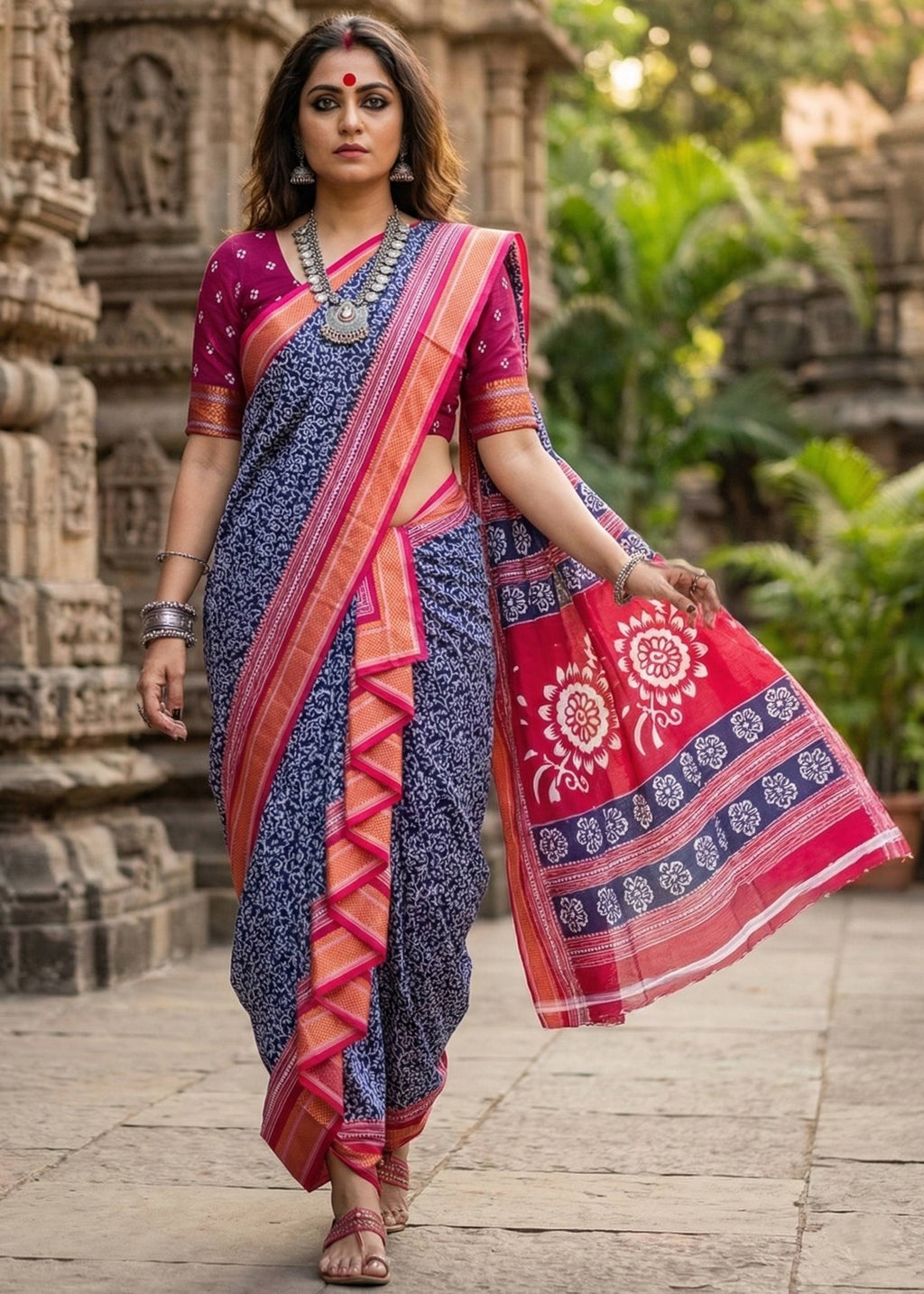 BAGRU BANDHANI MULMUL COTTON HEVY ZARI BORDAR PRINTED BLUE SAREE WITH BLOUSE