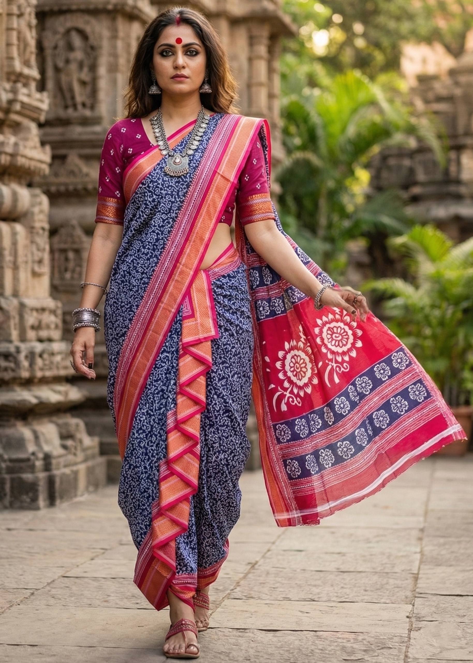 BAGRU BANDHANI MULMUL COTTON HEVY ZARI BORDAR PRINTED BLUE SAREE WITH BLOUSE