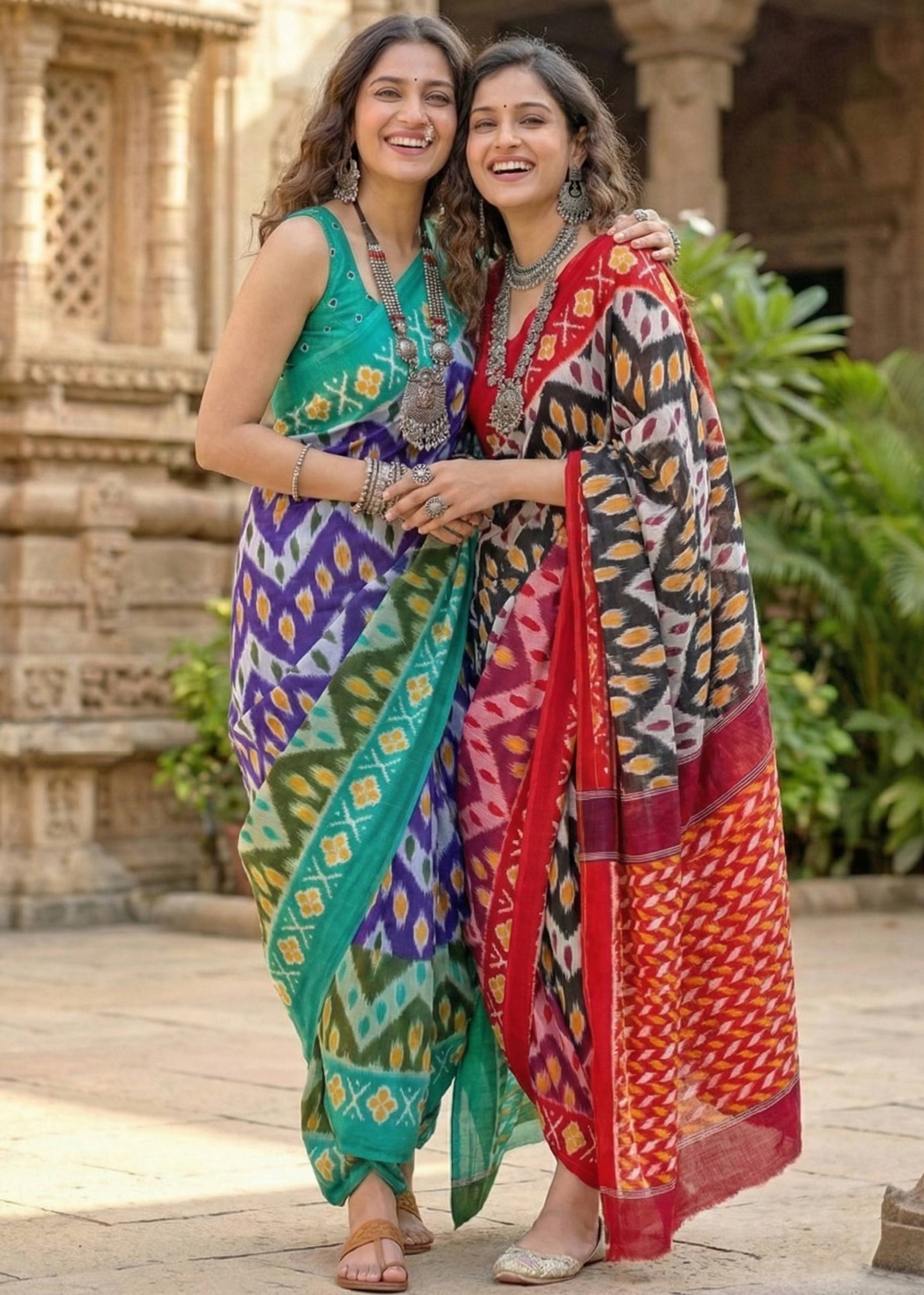 PURE MULMUL COTTON IKKAT PRINTD BLUE SAREE WITH BLOUSE
