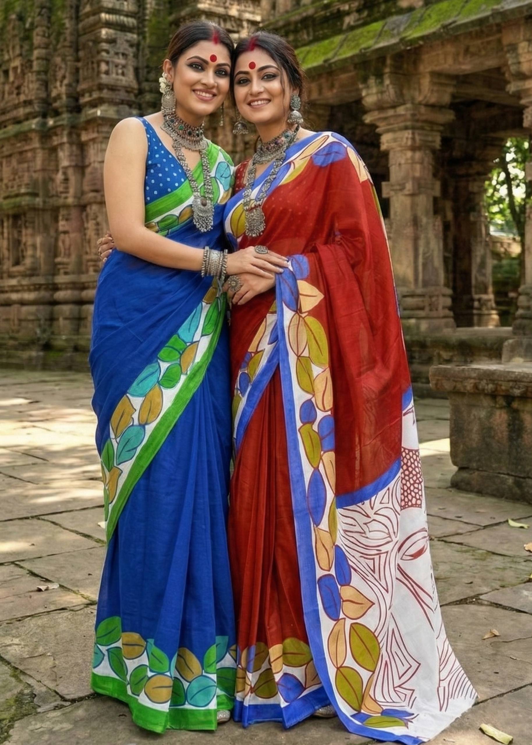 MADHUBANI PURE MULMUL HAND BLOCK PRINTE COTTON RED SAREE WITH BLOUSE