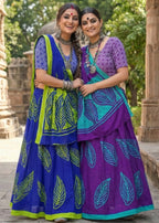 PURE MULMUL COTTON MORDAN HAND BLOCK PRINTD BLUE VOILET SAREE WITH BLOUSE