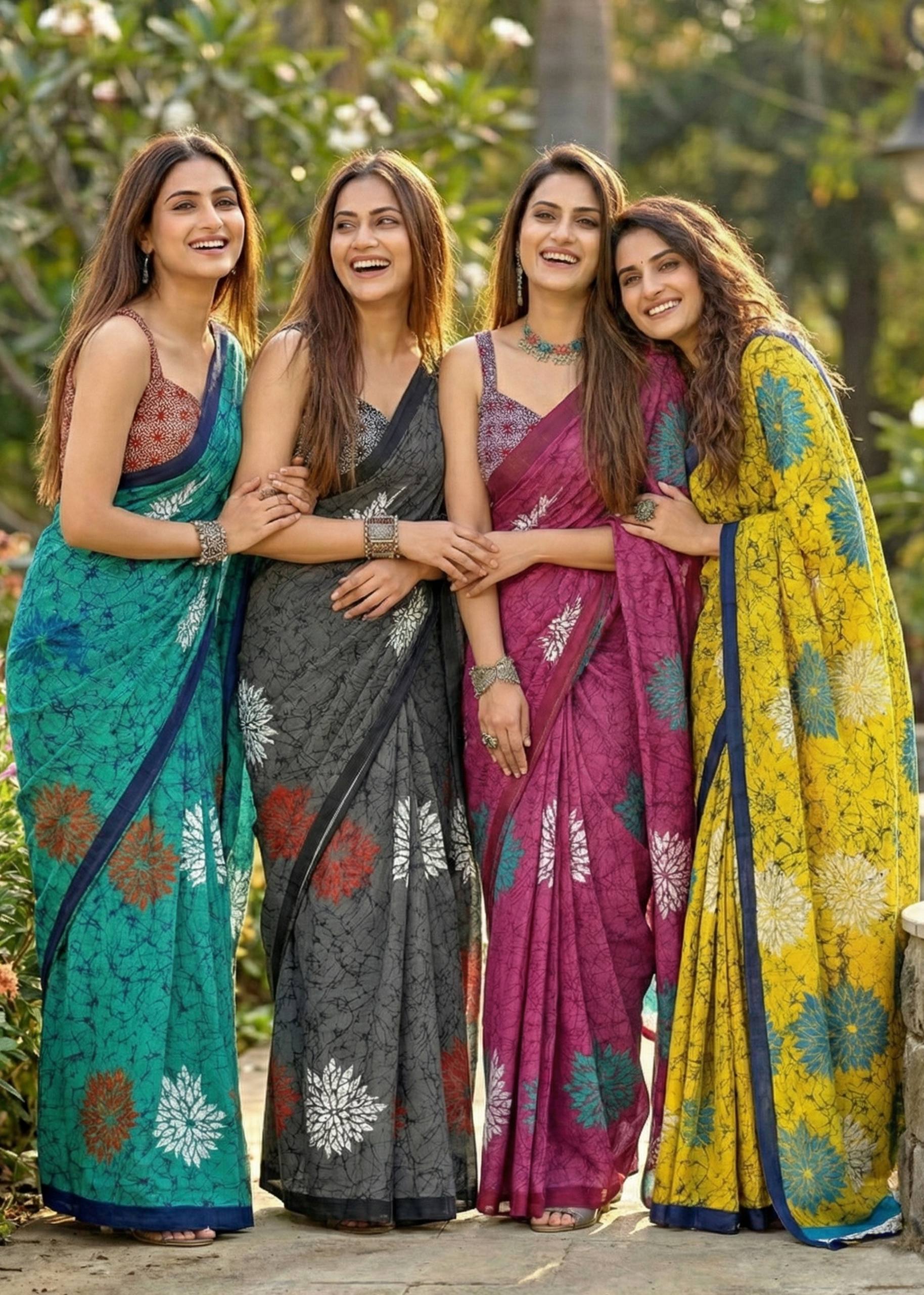 PURE MULMUL COTTON FLOWER PRINT GREY SAREE WITH BLOUSE