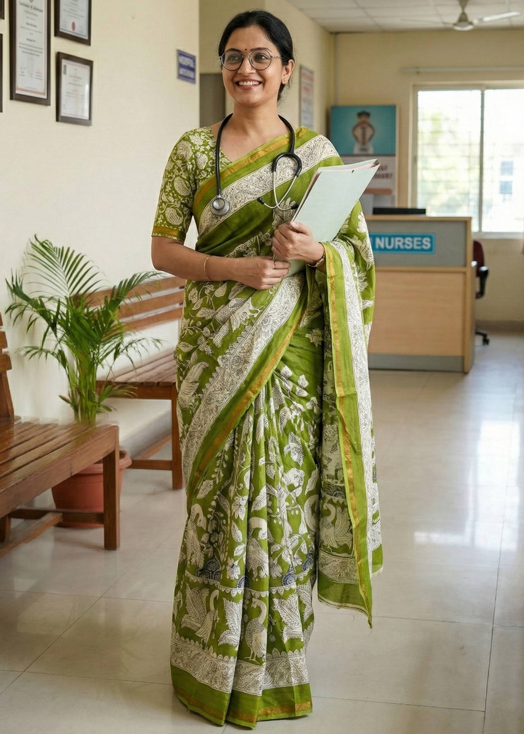 SOFT MASLIN MULMUL COTTON WITH HEVY ZARI BODAR MEHANDI GREEN SAREE WITH BLOUSE