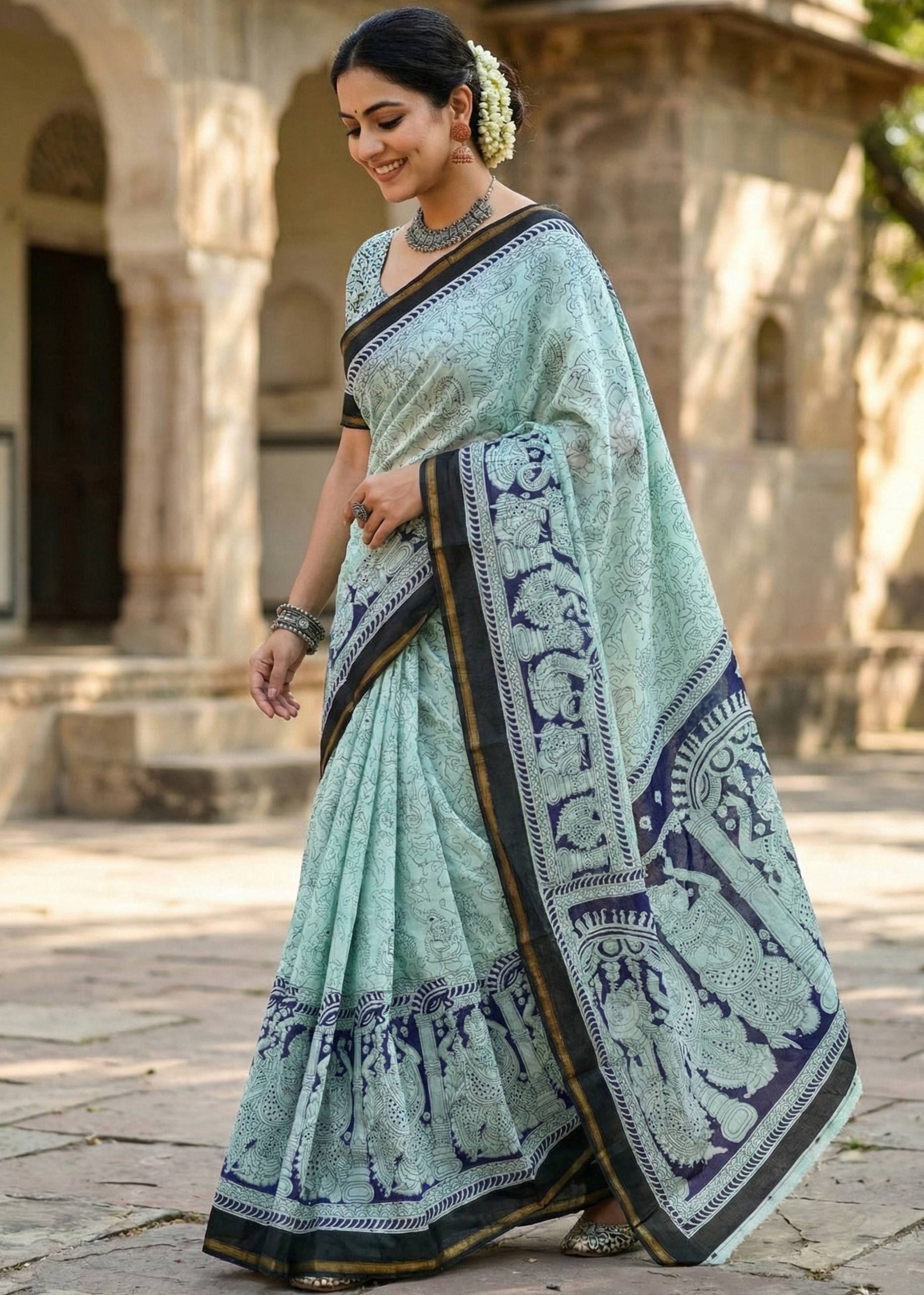 SOFT MULMUL MASLIN COTTON WITH HEVY ZARI BORDER SKY BLUE SAREE WITH BLOUSE