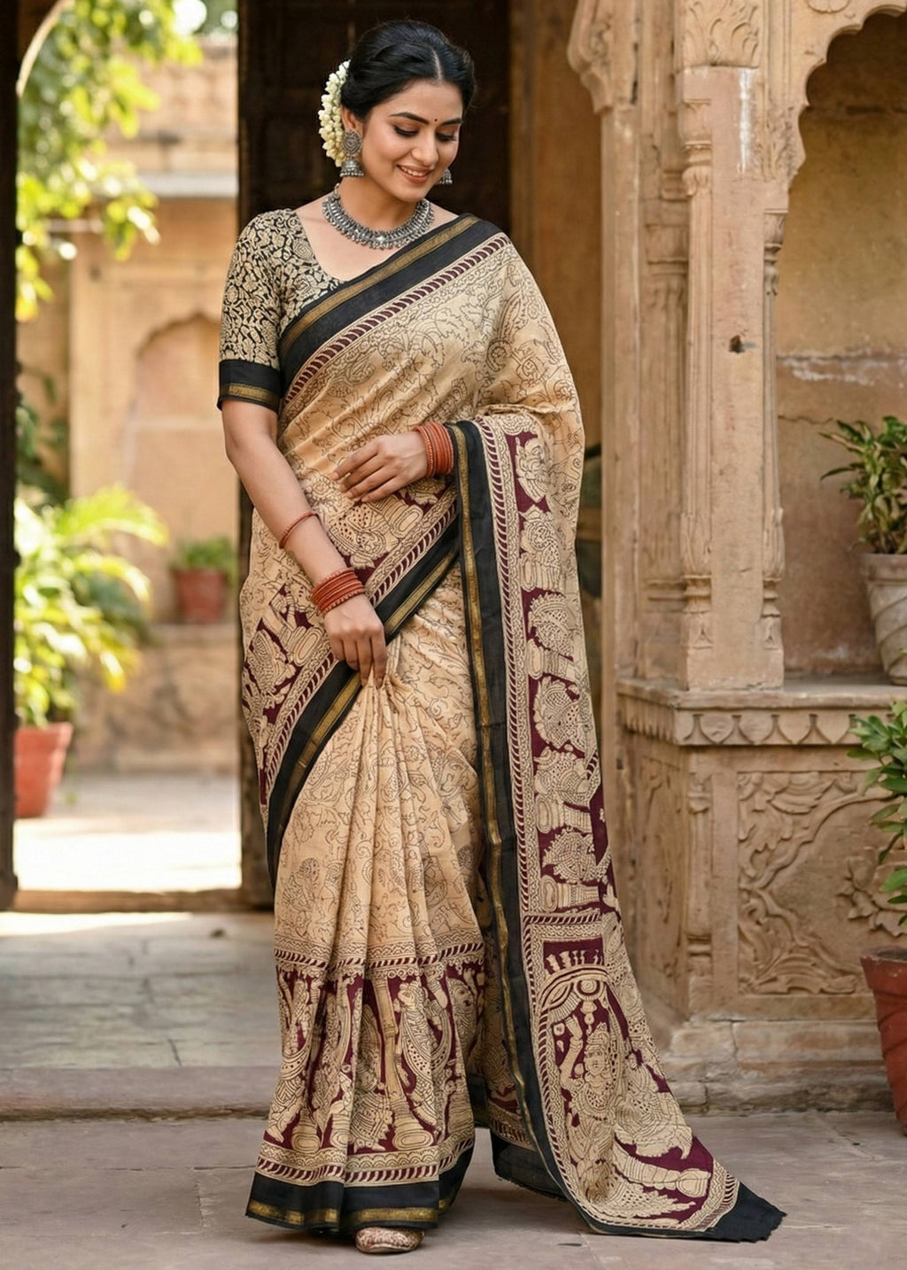 SOFT MULMUL MASLIN COTTON WITH HEVY ZARI BORDER BEIGE SAREE WITH BLOUSE