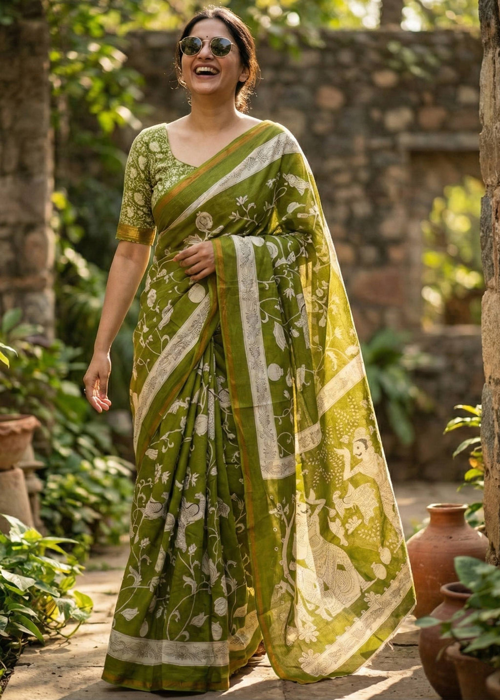 SOFT MASLIN  MULMUL COTTON WITH HEVY ZARI BORDER MEHANDI GREEN SAREE WITH BLOUSE